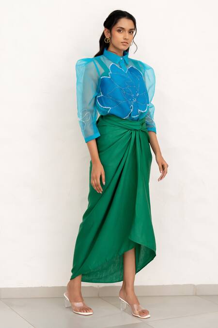 Chambray & CO. Cobalt Organza, Silk, Linen Embroidery, Applique Leaf Green And Blue Skirt Set Online at Aza Fashions Chambray & CO._Cobalt Organza, Silk, Linen Embroidery, Applique Leaf Green And Blue Skirt Set _Online_at_Aza_Fashions