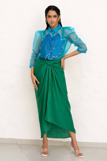 Shop Chambray & CO. Cobalt Organza, Silk, Linen Embroidery, Applique Leaf Green And Blue Skirt Set Online at Aza Fashions Shop_Chambray & CO._Cobalt Organza, Silk, Linen Embroidery, Applique Leaf Green And Blue Skirt Set _Online_at_Aza_Fashions