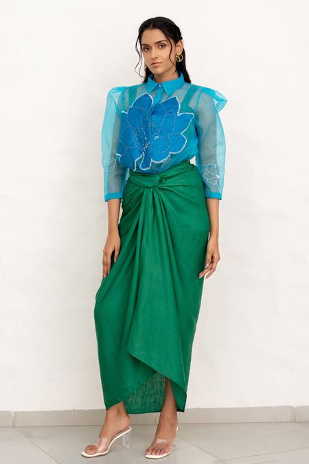 Chambray & CO. Cobalt Organza, Silk, Linen Embroidery, Applique Leaf Green And Blue Skirt Set at Aza Fashions Chambray & CO._Cobalt Organza, Silk, Linen Embroidery, Applique Leaf Green And Blue Skirt Set _at_Aza_Fashions