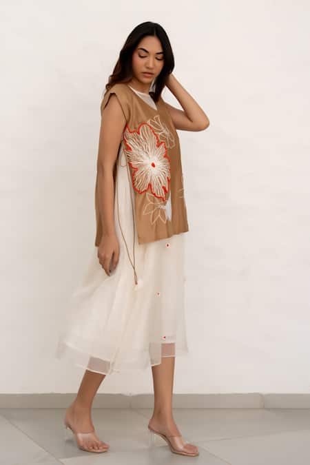 Buy Chambray & CO. White Chanderi Silk, Cotton, Organza Embroidery Round Ivory And Brown Dress Set Online at Aza Fashions Buy_Chambray & CO._White Chanderi Silk, Cotton, Organza Embroidery Round Ivory And Brown Dress Set _Online_at_Aza_Fashions