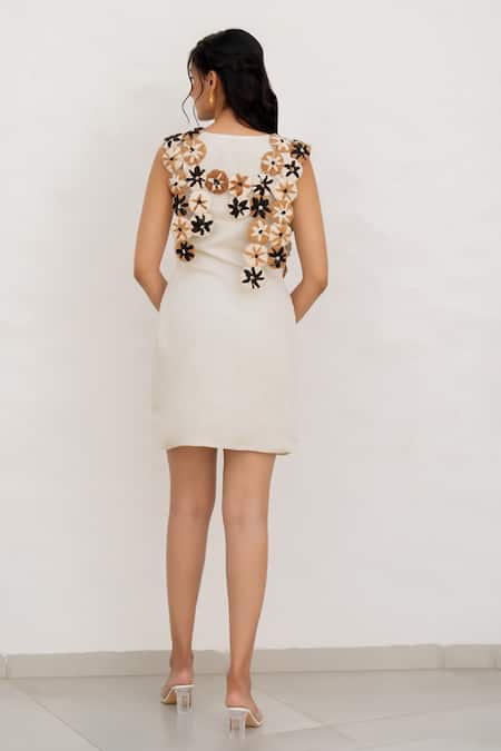 Shop Chambray & CO. Ivory Silk, Cotton, Linen Fabric Flowers Round Irena Designer Dress With Overlay at Aza Fashions Shop_Chambray & CO._Ivory Silk, Cotton, Linen Fabric Flowers Round Irena Designer Dress With Overlay _at_Aza_Fashions