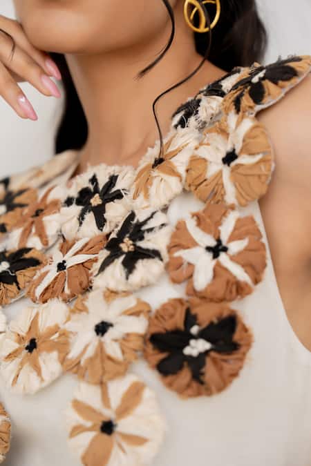 Buy Chambray & CO. Ivory Silk, Cotton, Linen Fabric Flowers Round Irena Designer Dress With Overlay Buy_Chambray & CO._Ivory Silk, Cotton, Linen Fabric Flowers Round Irena Designer Dress With Overlay