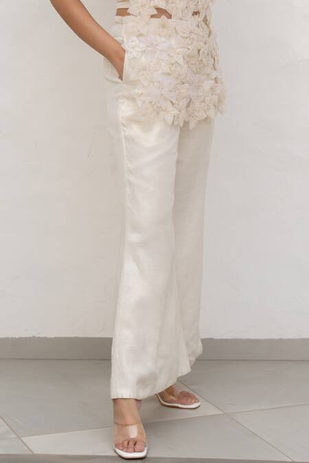 Chambray & CO. Ivory Silk, Tulle, Linen Fabric Flowers High Neck Handmade Pant Set Online at Aza Fashions Chambray & CO._Ivory Silk, Tulle, Linen Fabric Flowers High Neck Handmade Pant Set _Online_at_Aza_Fashions