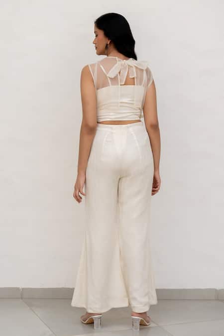Shop Chambray & CO. Ivory Silk, Tulle, Linen Fabric Flowers High Neck Handmade Pant Set at Aza Fashions Shop_Chambray & CO._Ivory Silk, Tulle, Linen Fabric Flowers High Neck Handmade Pant Set _at_Aza_Fashions