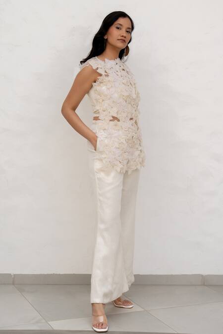 Buy Chambray & CO. Ivory Silk, Tulle, Linen Fabric Flowers High Neck Handmade Pant Set Online at Aza Fashions Buy_Chambray & CO._Ivory Silk, Tulle, Linen Fabric Flowers High Neck Handmade Pant Set _Online_at_Aza_Fashions