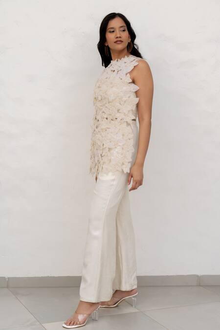 Shop Chambray & CO. Ivory Silk, Tulle, Linen Fabric Flowers High Neck Handmade Pant Set Online at Aza Fashions Shop_Chambray & CO._Ivory Silk, Tulle, Linen Fabric Flowers High Neck Handmade Pant Set _Online_at_Aza_Fashions