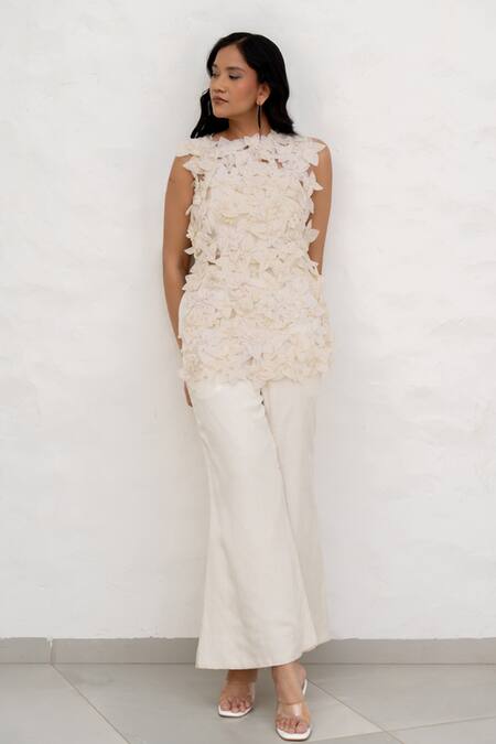 Buy Chambray & CO. Ivory Silk, Tulle, Linen Fabric Flowers High Neck Handmade Pant Set Buy_Chambray & CO._Ivory Silk, Tulle, Linen Fabric Flowers High Neck Handmade Pant Set