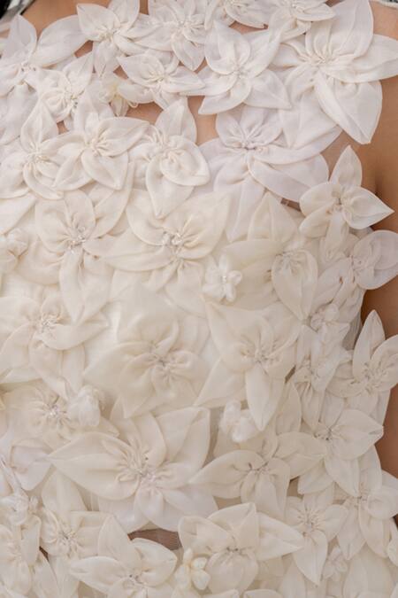 Shop Chambray & CO. Ivory Silk, Tulle, Linen Fabric Flowers High Neck Handmade Pant Set Shop_Chambray & CO._Ivory Silk, Tulle, Linen Fabric Flowers High Neck Handmade Pant Set