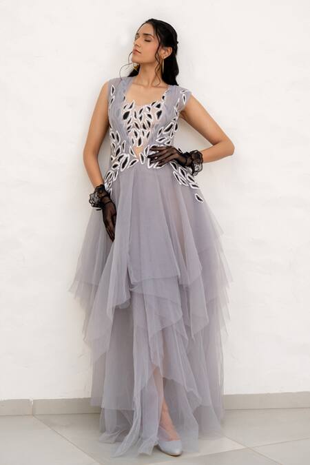 Buy_Chambray & CO._Gray Tulle, Cotton, Silk Embroidery, Applique Grey Layered Dress With Bustier _Online_at_Aza_Fashions