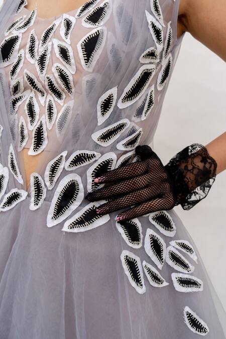 Shop_Chambray & CO._Gray Tulle, Cotton, Silk Embroidery, Applique Grey Layered Dress With Bustier _Online_at_Aza_Fashions