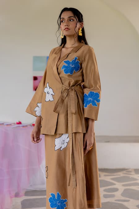 Chambray & CO._Brown Chanderi Silk, Cotton Applique, Embroidery V-neck Jacket And Skirt Set _Online_at_Aza_Fashions