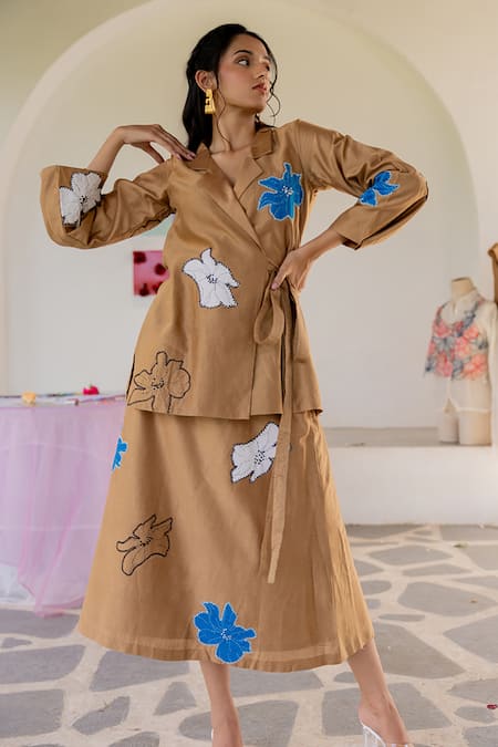 Buy_Chambray & CO._Brown Chanderi Silk, Cotton Applique, Embroidery V-neck Jacket And Skirt Set _Online_at_Aza_Fashions