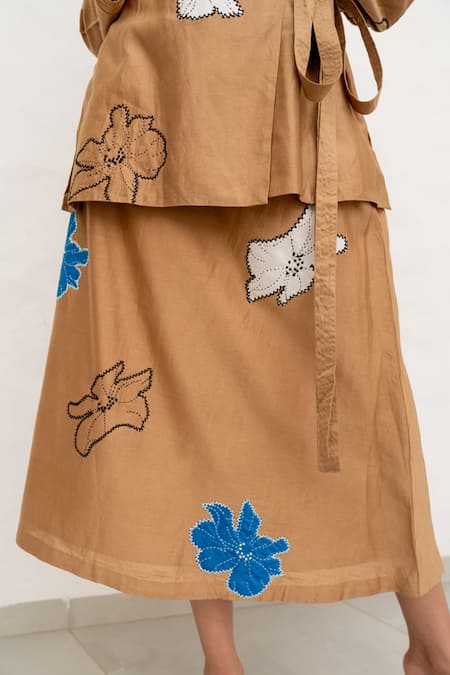 Shop_Chambray & CO._Brown Chanderi Silk, Cotton Applique, Embroidery V-neck Jacket And Skirt Set _Online_at_Aza_Fashions