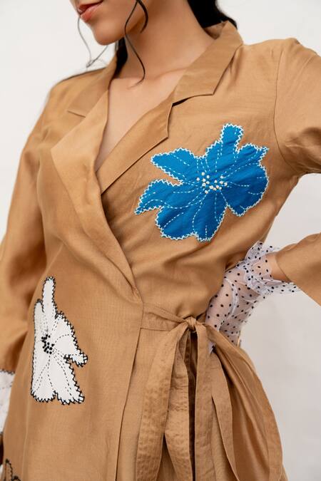 Chambray & CO._Brown Chanderi Silk, Cotton Applique, Embroidery V-neck Jacket And Skirt Set _at_Aza_Fashions