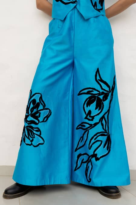 Chambray & CO. Cobalt Chanderi Silk, Cotton Embroidery V-neck Blue Pant Set at Aza Fashions Chambray & CO._Cobalt Chanderi Silk, Cotton Embroidery V-neck Blue Pant Set _at_Aza_Fashions