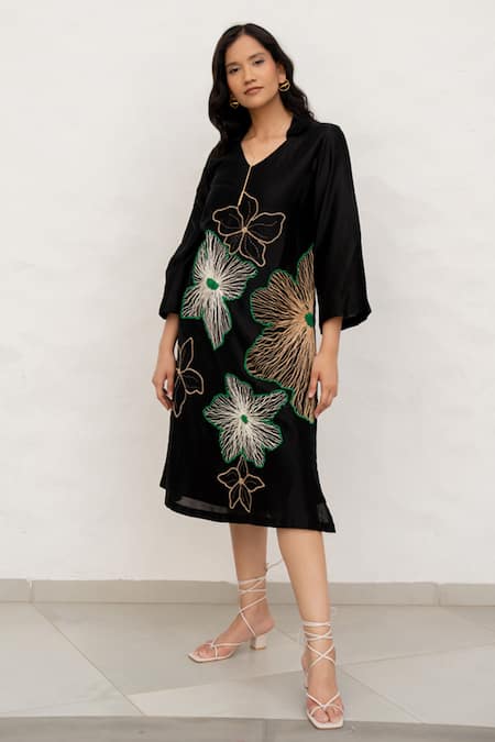Chambray & CO. Black Chanderi Silk Hand Embroidered Dress 