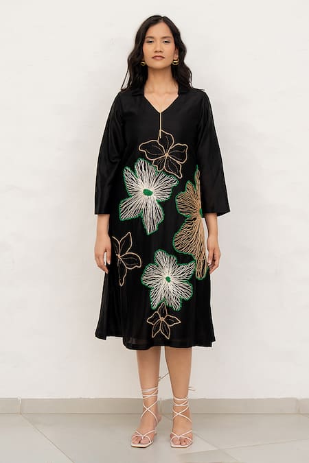Chambray & CO. Black Chanderi Silk, Cotton Embroidery V-neck Hand Dress Online at Aza Fashions Chambray & CO._Black Chanderi Silk, Cotton Embroidery V-neck Hand Dress _Online_at_Aza_Fashions