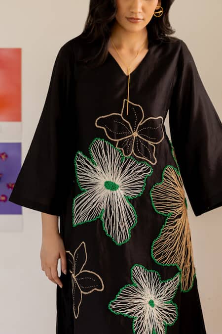 Buy Chambray & CO. Black Chanderi Silk, Cotton Embroidery V-neck Hand Dress Online at Aza Fashions Buy_Chambray & CO._Black Chanderi Silk, Cotton Embroidery V-neck Hand Dress _Online_at_Aza_Fashions