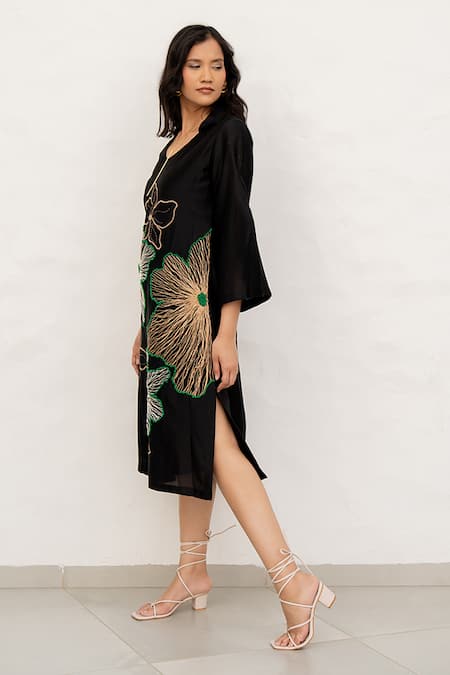 Shop Chambray & CO. Black Chanderi Silk, Cotton Embroidery V-neck Hand Dress Online at Aza Fashions Shop_Chambray & CO._Black Chanderi Silk, Cotton Embroidery V-neck Hand Dress _Online_at_Aza_Fashions