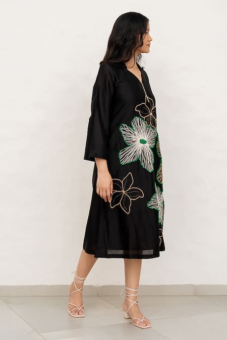 Chambray & CO. Black Chanderi Silk, Cotton Embroidery V-neck Hand Dress at Aza Fashions Chambray & CO._Black Chanderi Silk, Cotton Embroidery V-neck Hand Dress _at_Aza_Fashions
