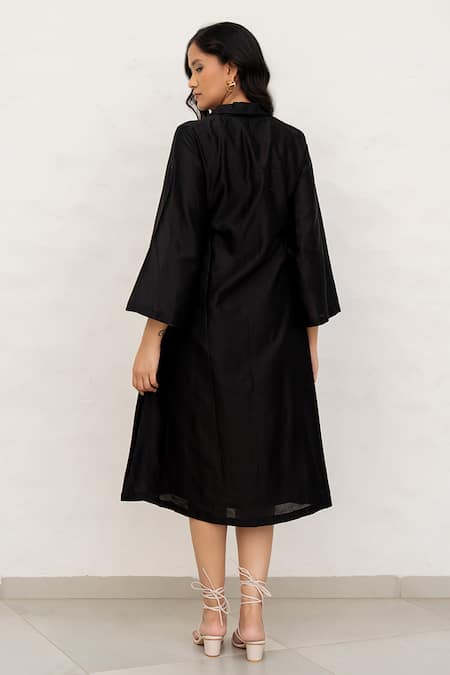 Shop Chambray & CO. Black Chanderi Silk, Cotton Embroidery V-neck Hand Dress at Aza Fashions Shop_Chambray & CO._Black Chanderi Silk, Cotton Embroidery V-neck Hand Dress _at_Aza_Fashions