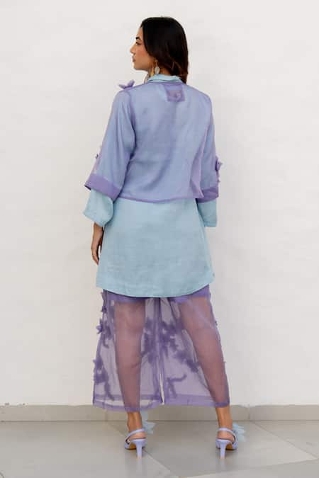 Shop Chambray & CO. Lilac Organza, Silk, Linen Fabric Flowers, Embroidery Open Neck, Pant Set at Aza Fashions Shop_Chambray & CO._Lilac Organza, Silk, Linen Fabric Flowers, Embroidery Open Neck, Pant Set _at_Aza_Fashions