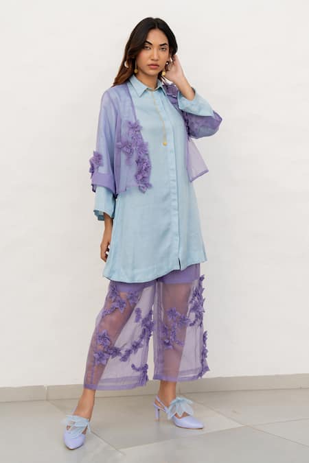 Chambray & CO. Lilac Organza, Silk, Linen Fabric Flowers, Embroidery Open Neck, Pant Set Online at Aza Fashions Chambray & CO._Lilac Organza, Silk, Linen Fabric Flowers, Embroidery Open Neck, Pant Set _Online_at_Aza_Fashions