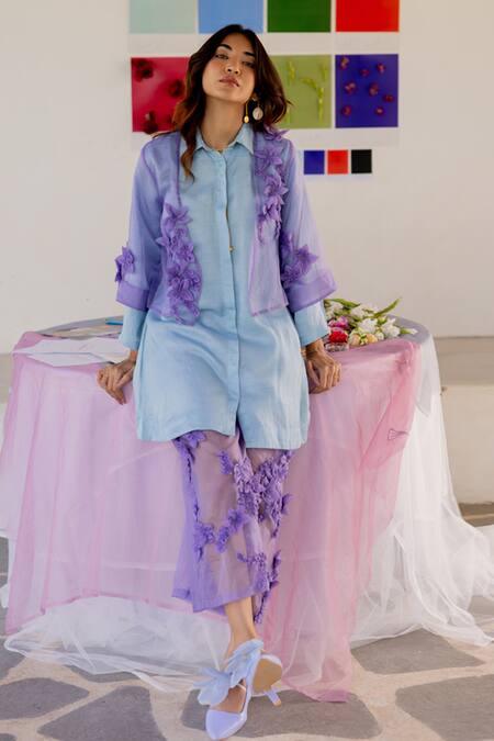 Buy Chambray & CO. Lilac Organza, Silk, Linen Fabric Flowers, Embroidery Open Neck, Pant Set Online at Aza Fashions Buy_Chambray & CO._Lilac Organza, Silk, Linen Fabric Flowers, Embroidery Open Neck, Pant Set _Online_at_Aza_Fashions