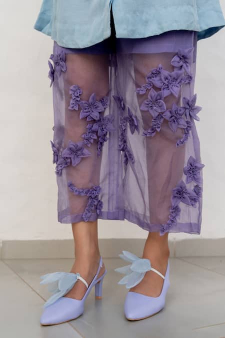 Shop Chambray & CO. Lilac Organza, Silk, Linen Fabric Flowers, Embroidery Open Neck, Pant Set Online at Aza Fashions Shop_Chambray & CO._Lilac Organza, Silk, Linen Fabric Flowers, Embroidery Open Neck, Pant Set _Online_at_Aza_Fashions