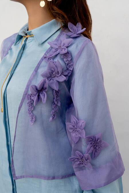 Buy Chambray & CO. Lilac Organza, Silk, Linen Fabric Flowers, Embroidery Open Neck, Pant Set Buy_Chambray & CO._Lilac Organza, Silk, Linen Fabric Flowers, Embroidery Open Neck, Pant Set