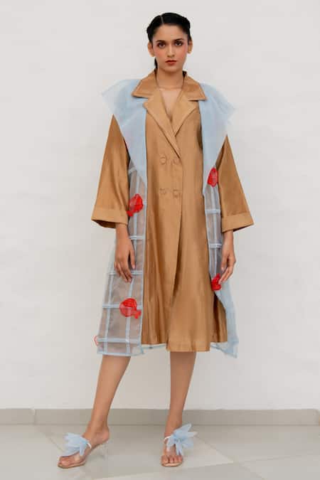 Chambray & CO. Brown Silk, Organza, Cotton, And Powder Blue Dress Set 
