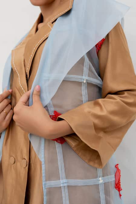 Shop Chambray & CO. Brown Silk, Organza, Cotton, And Powder Blue Dress Set Online at Aza Fashions Shop_Chambray & CO._Brown Silk, Organza, Cotton, And Powder Blue Dress Set _Online_at_Aza_Fashions