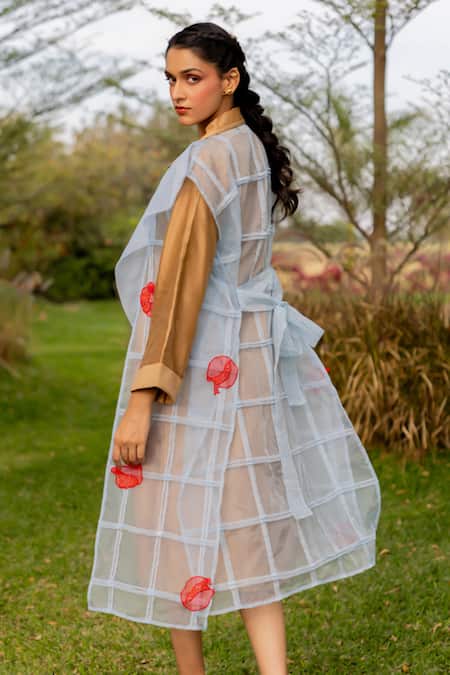 Buy Chambray & CO. Brown Silk, Organza, Cotton, And Powder Blue Dress Set Buy_Chambray & CO._Brown Silk, Organza, Cotton, And Powder Blue Dress Set