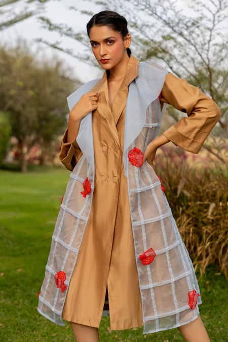 Shop Chambray & CO. Brown Silk, Organza, Cotton, And Powder Blue Dress Set Shop_Chambray & CO._Brown Silk, Organza, Cotton, And Powder Blue Dress Set