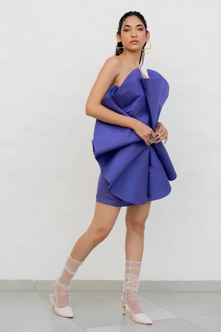 Chambray & CO. Purple Silk, Linen, Cotton Fabric Flowers Off-shoulder Amethyst Designer Dress Online at Aza Fashions Chambray & CO._Purple Silk, Linen, Cotton Fabric Flowers Off-shoulder Amethyst Designer Dress _Online_at_Aza_Fashions