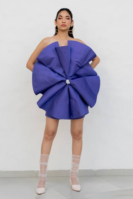 Buy Chambray & CO. Purple Silk, Linen, Cotton Fabric Flowers Off-shoulder Amethyst Designer Dress Online at Aza Fashions Buy_Chambray & CO._Purple Silk, Linen, Cotton Fabric Flowers Off-shoulder Amethyst Designer Dress _Online_at_Aza_Fashions