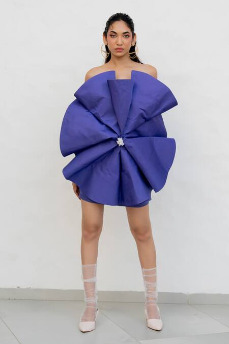 Shop Chambray & CO. Purple Silk, Linen, Cotton Fabric Flowers Off-shoulder Amethyst Designer Dress Online at Aza Fashions Shop_Chambray & CO._Purple Silk, Linen, Cotton Fabric Flowers Off-shoulder Amethyst Designer Dress _Online_at_Aza_Fashions