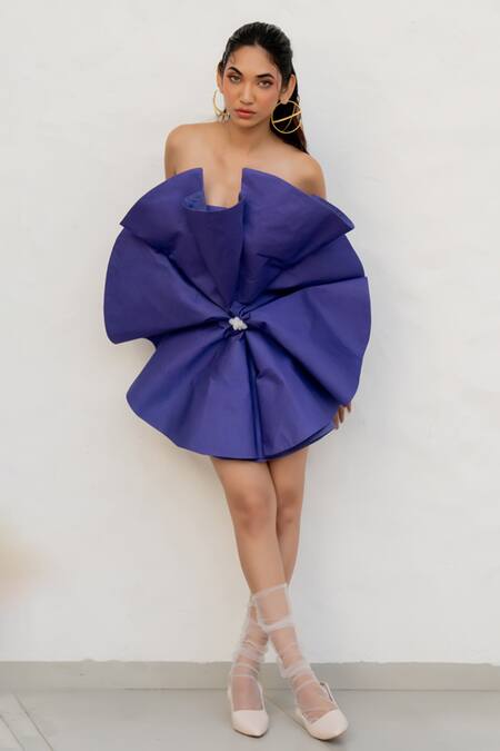 Buy Chambray & CO. Purple Silk, Linen, Cotton Fabric Flowers Off-shoulder Amethyst Designer Dress Buy_Chambray & CO._Purple Silk, Linen, Cotton Fabric Flowers Off-shoulder Amethyst Designer Dress