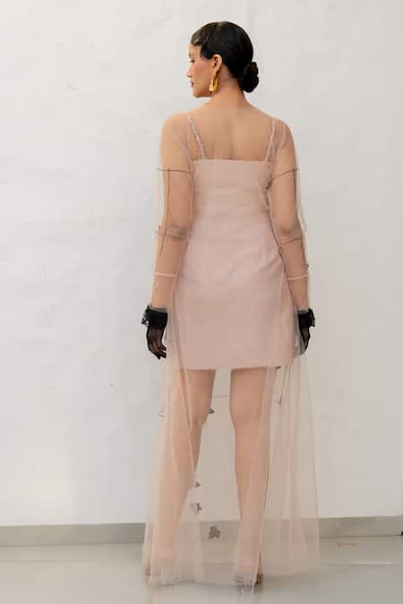 Shop Chambray & CO. Beige Tulle, Chanderi Silk Embroidery Round Neck And Black Hand Dress at Aza Fashions Shop_Chambray & CO._Beige Tulle, Chanderi Silk Embroidery Round Neck And Black Hand Dress _at_Aza_Fashions