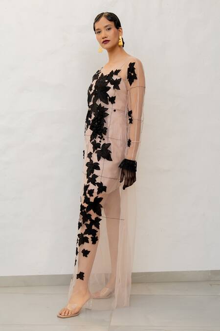 Buy Chambray & CO. Beige Tulle, Chanderi Silk Embroidery Round Neck And Black Hand Dress Online at Aza Fashions Buy_Chambray & CO._Beige Tulle, Chanderi Silk Embroidery Round Neck And Black Hand Dress _Online_at_Aza_Fashions