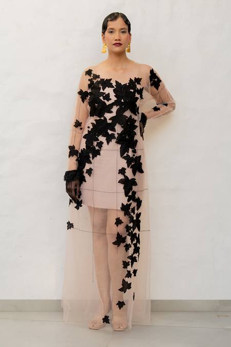 Shop Chambray & CO. Beige Tulle, Chanderi Silk Embroidery Round Neck And Black Hand Dress Online at Aza Fashions Shop_Chambray & CO._Beige Tulle, Chanderi Silk Embroidery Round Neck And Black Hand Dress _Online_at_Aza_Fashions