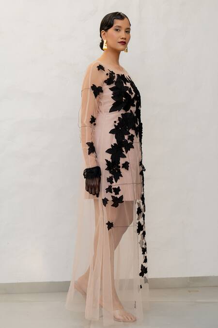 Buy Chambray & CO. Beige Tulle, Chanderi Silk Embroidery Round Neck And Black Hand Dress Buy_Chambray & CO._Beige Tulle, Chanderi Silk Embroidery Round Neck And Black Hand Dress