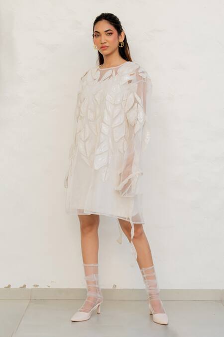 Chambray & CO. Ivory Organza, Chanderi Silk, Cotton Embroidery, Applique Overlay Dress With Online at Aza Fashions Chambray & CO._Ivory Organza, Chanderi Silk, Cotton Embroidery, Applique Overlay Dress With _Online_at_Aza_Fashions