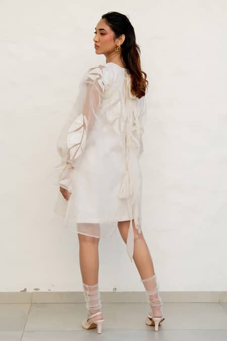 Shop Chambray & CO. Ivory Organza, Chanderi Silk, Cotton Embroidery, Applique Overlay Dress With at Aza Fashions Shop_Chambray & CO._Ivory Organza, Chanderi Silk, Cotton Embroidery, Applique Overlay Dress With _at_Aza_Fashions