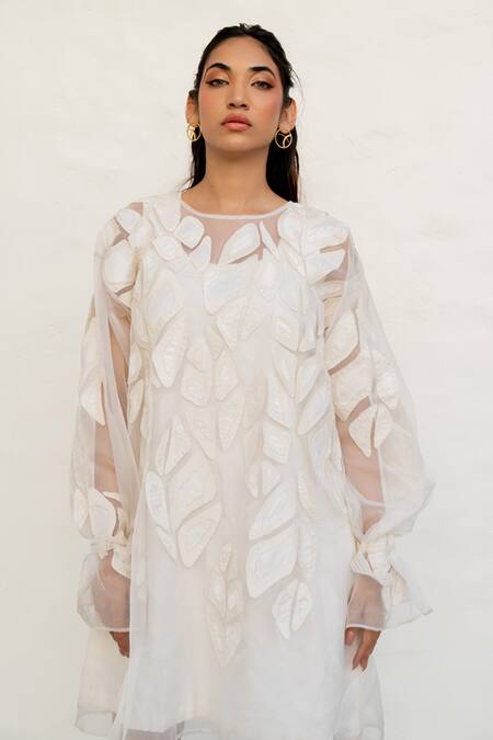 Shop Chambray & CO. Ivory Organza, Chanderi Silk, Cotton Embroidery, Applique Overlay Dress With Online at Aza Fashions Shop_Chambray & CO._Ivory Organza, Chanderi Silk, Cotton Embroidery, Applique Overlay Dress With _Online_at_Aza_Fashions