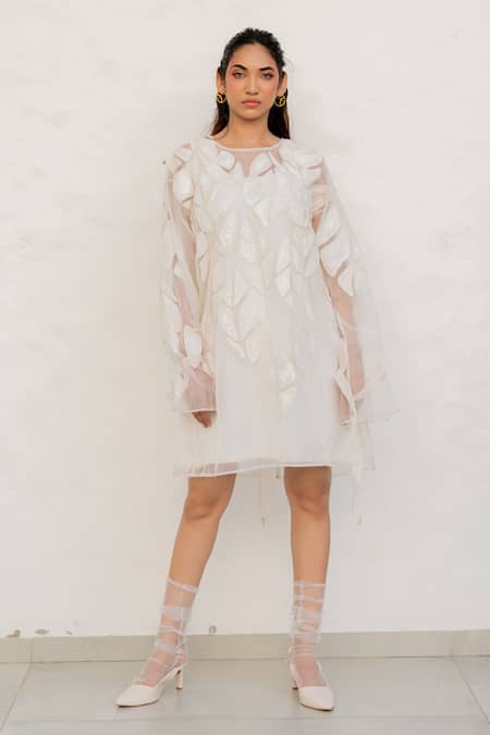 Chambray & CO. Ivory Organza, Chanderi Silk, Cotton Embroidery, Applique Overlay Dress With 