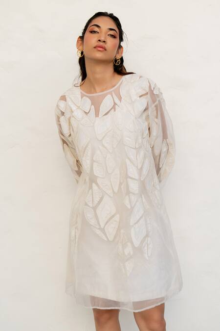 Shop Chambray & CO. Ivory Organza, Chanderi Silk, Cotton Embroidery, Applique Overlay Dress With Shop_Chambray & CO._Ivory Organza, Chanderi Silk, Cotton Embroidery, Applique Overlay Dress With