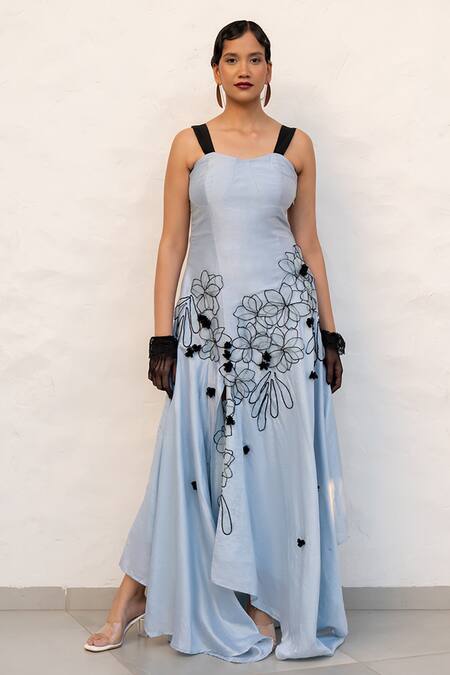 Buy Chambray & CO. Blue Chanderi Silk, Cotton Embroidery Sweetheart Neck Powder Hand Dress Online at Aza Fashions Buy_Chambray & CO._Blue Chanderi Silk, Cotton Embroidery Sweetheart Neck Powder Hand Dress _Online_at_Aza_Fashions