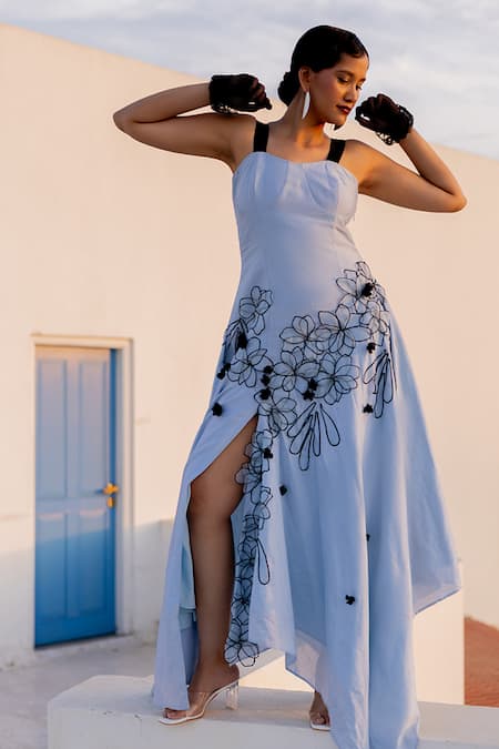 Chambray & CO. Blue Chanderi Silk, Cotton Embroidery Sweetheart Neck Powder Hand Dress 