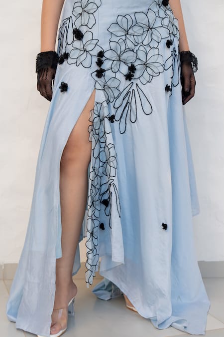 Buy Chambray & CO. Blue Chanderi Silk, Cotton Embroidery Sweetheart Neck Powder Hand Dress Buy_Chambray & CO._Blue Chanderi Silk, Cotton Embroidery Sweetheart Neck Powder Hand Dress